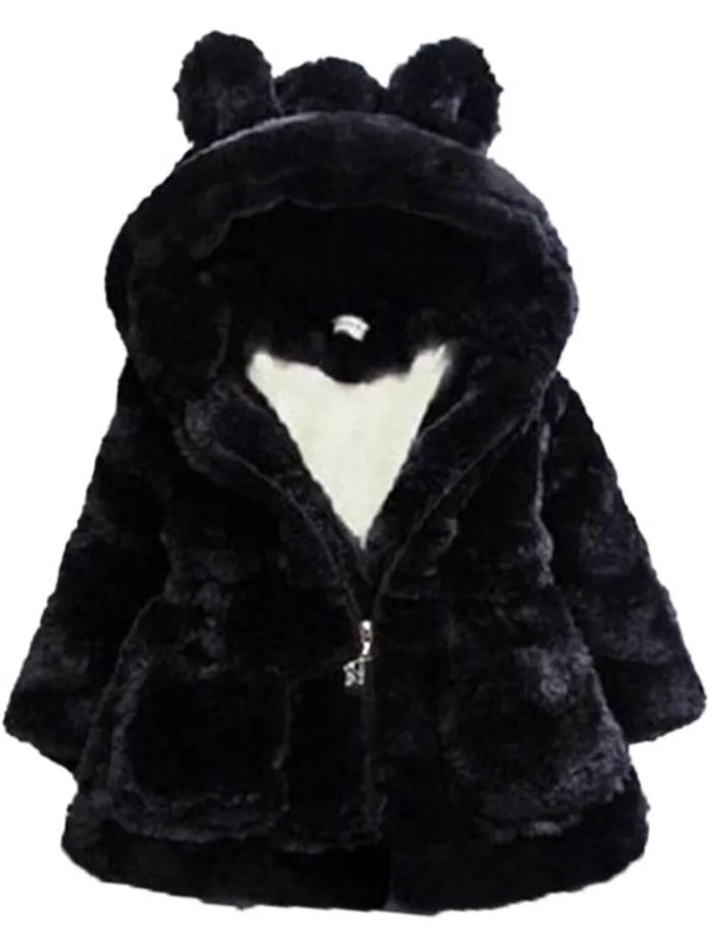 Kids Girls Black Polyester Winter Warm Outwear Ear Hooded Faux Fur Thicken Fleec